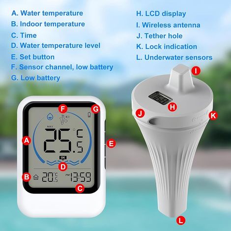 Termometro per piscina wireless: termometro per piscina certificato IP67, monitor di temperatura e umidità, termometro per piscina compatibile con WiFi, termometro digitale wireless per piscine (1/4)