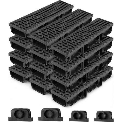 Caniveau de Drainage Linéaire Extérieur 510x140x90 mm Lot de 12 PEHD, Caniveau avec Grilles et Embouts, Système de Drainage pour Terrasse, Piscine, Allée, Jardin, Cour, Garage et Trottoir, Noir (1/5)