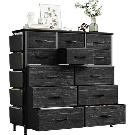 Commode Haute pour Chambre, Commode à 12 Tiroirs en Tissu, Cadre en Acier, Style Industriel, Meuble De Rangement pour Chambre, Couloir, Entrée, Salon 99x30x110cm Noir (1/5)