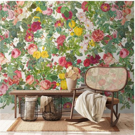 Photo wallpaper Profhome 398641 hot embossed non-woven wallpaper smooth with floral pattern matt green pink red yellow 1.59 m x 2.8 m (1/4)