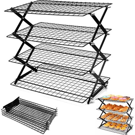 4 Levels Baking Cooling Rack, Foldable, Cake Rack, Quick Cooling Non-Stick for Cakes, Bread, Roasting, Drying, 3 Levels of Height Adjustment, 43 x 24.5 cm (1/4)