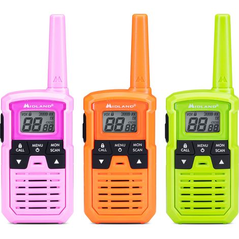 Midland - Walkie Talkie Bambini XT10 PRO Multicolor, 3 Radio Ricetrasmittenti per Giochi da Esterno e Famiglia - 16 Canali PMR446 Senza Licenza, 20H/4km, 38 Toni CTCSS, VOX, SCAN, Call, Batterie AAA