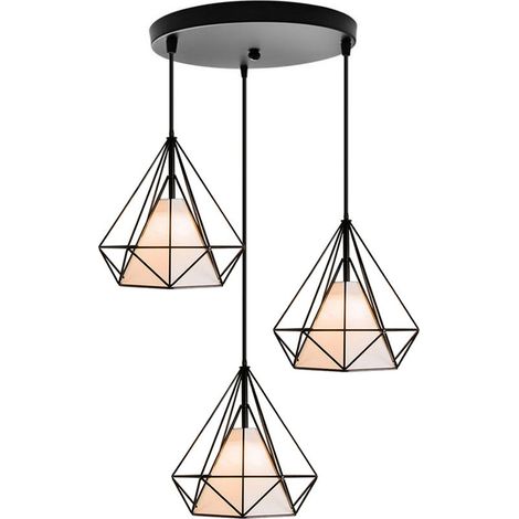 Plafonnier Vintage En Forme De Cage De Diamant 25CM 3 Lumières Lampe De Plafond En Fer Lustre De Restaurant, Bar, (Noir) (1/5)