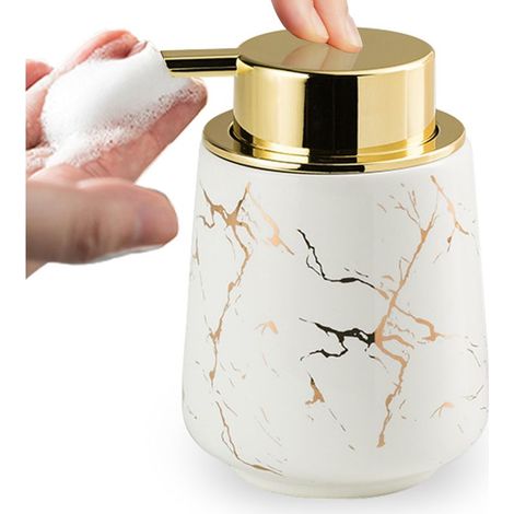 Céramique Mousse Distributeur de Savon, 380ML Motif Marbre avec Grande Tête de Pompe Distributeur de Salle de Bain,Blanc (1/5)