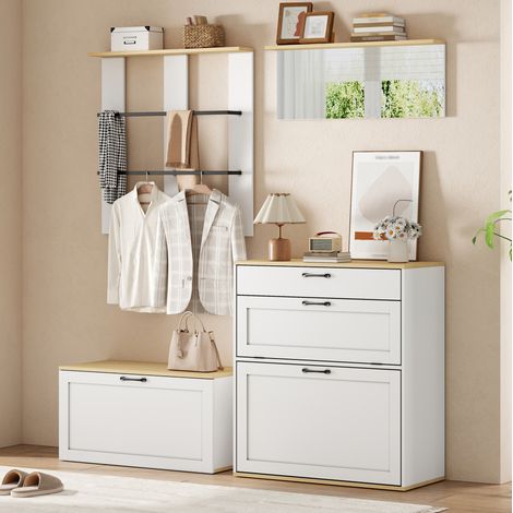 Set di mobili per ingresso 156x36x176 cm con scarpiera, panca, specchio e appendiabiti, in MDF bianco con finitura effetto legno naturale. (1/5)