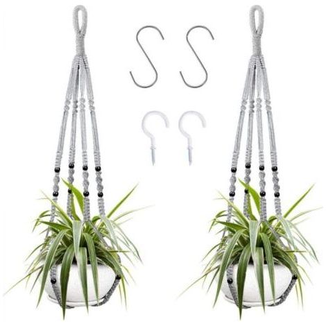 Suspension pour plantes d'intérieur en corde de coton grise, 85 cm, avec perles en bois, pour décoration intérieure, sans crochets, 2 paires (1/4)