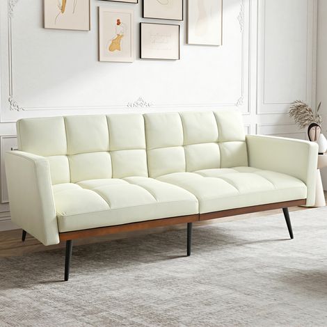 Sofá 5 posiciones reclinable diseño mid century con reposabrazos fijos lino color beige