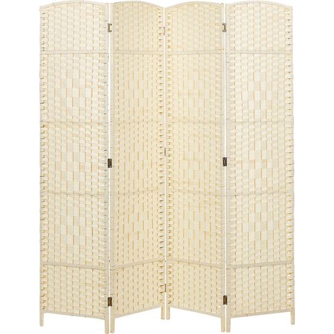 Biombo separador decorativo tradicional 4 paneles plegable cuerda de papel marco de madera de álamo sala de estar dormitorio beige Lappago (1/5)
