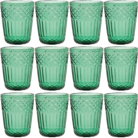 Set 12 Bicchieri Acqua in Pasta di Vetro Colorato Verde Antico 30cl con Lavorazione a Rilievo e Decoro imperiale Stile Vintage per Casa e Ristorazione eleganzae particolarita' per una tavola speciale