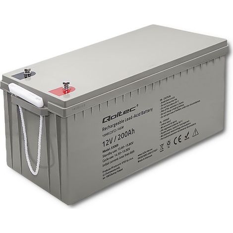 Batería AGM Qoltec, 12 V, 200 Ah, Sin mantenimiento, Resistente, Larga vida útil, para SAI, autocaravanas, barcos y calefactores (1/5)