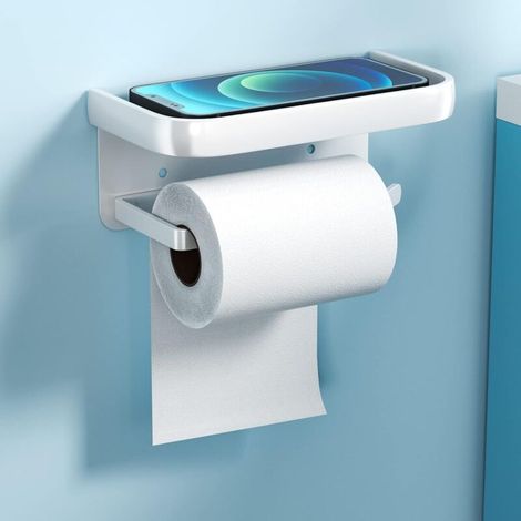 Porte-Papier Toilette sans Perçage en Acier au carbone, Porte-Rouleau avec étagères Spacieuses, Support de Papier Toilette Auto-adhésif, Porte-Papier Mural pour Salle de Bain, Cuisine (Blanc) (1/4)