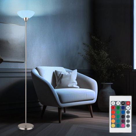 Stehleuchte nickel matt Deckenfluter Glasschirm opal Stehlampe Wohnzimmerleuchte, Metall, Fernbedienung dimmbar, RGB LED 8,5W 806Lm wamrweiß, DxH 28x180 cm