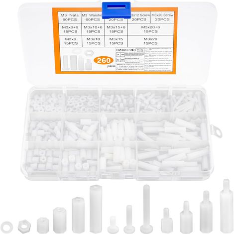 260 Pcs Vis M3, Entretoises à Manchon en Nylon, Vis Plastique et écrous, Entretoises hexagonales pour cartes mères, Vis hexagonales mâles et femelles (blanc) (1/5)