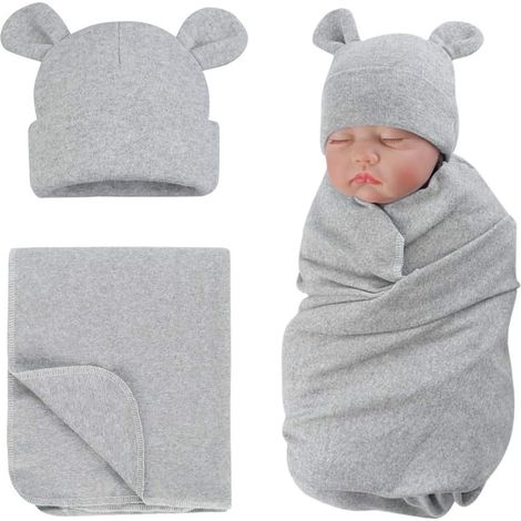 Couverture d'emmaillotage en coton avec bonnet bébé, motif ourson mignon (gris) (1/5)