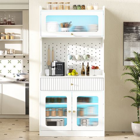 Aparador alto de cocina 80x40x180cm con luces led y vidrio estriado - mueble alacena moderno con cajón y panel perforado para comedor salón - mdf blanco (1/5)