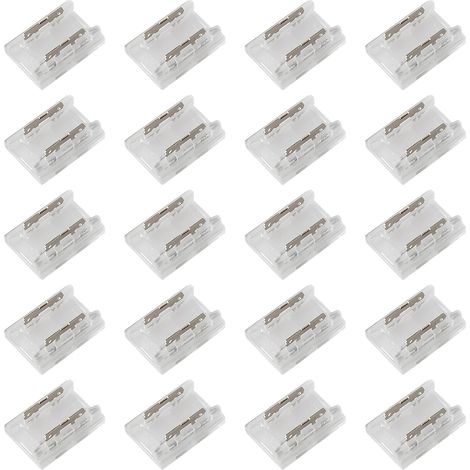 20-teiliges Set mit 2-poligen 8-mm-LED-Steckverbindern, 2-poliger 8-mm-LED-Streifenverbinder (lötfrei) für COB-Streifen, SMD 2835/3528, einfarbig, transparenter Lichtstreifenverbinder