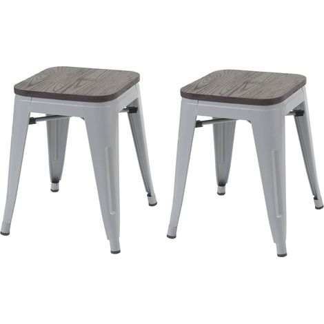 2er-Set Hocker HHG-397 inkl. Holz-Sitzfläche, Metallhocker Sitzhocker, Metall Industriedesign stapelbar grau
