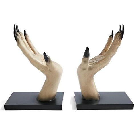 Par de sujetalibros de resina con forma de mano de bruja, decoración de Halloween para dormitorio juvenil y sala de estar.