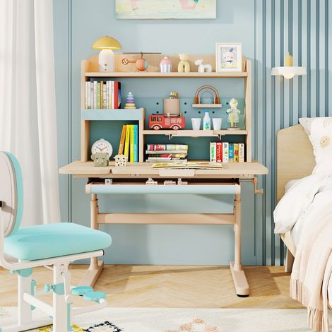 Table d'étude à hauteur réglable avec plateau inclinable et étagères, bureau d'enfant avec bibliothèque et tiroir - bleu (1/5)