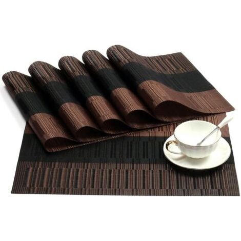 6Pcs Sets de Table Anti-Glissant en PVC Napperon Lavables(45x30cm) Napperons pour Cuisine, Salon, Jardin ou Salle à Manger (Noir-Brun) (1/5)