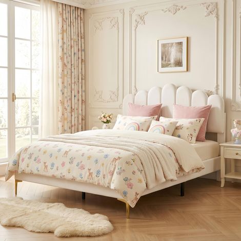 Lit adulte capitonné 140x190 cm, lit double avce sommier - avec tête de lit réglable en hauteur, pieds métal - velours Beige