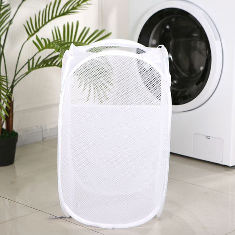 Panier à linge pliable blanc avec ouverture ronde et côtés en tissu grand format, panier à linge portable pour la mais (1/4)