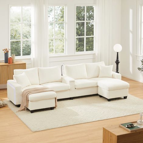 Divano a U in velluto a coste - 334x128,5x81 cm - Divano panoramico con LED, luce di lettura, porte USB/Type-C e 2 pouf - Beige