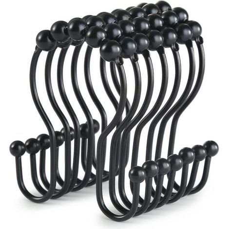 Lot de 12 crochets de rideau de douche noirs, anneaux de rideau de douche antirouille, anneaux de rideau de douche double couche, conception anti-chute coulissante (noir) (1/4)