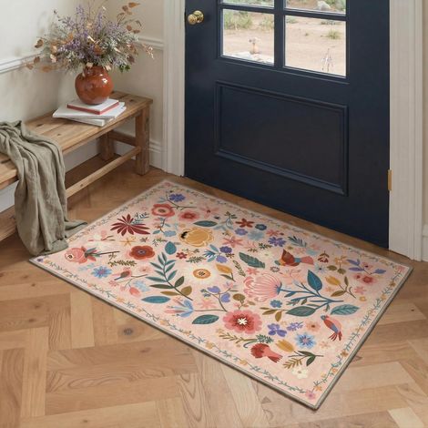 Tapis Salon Vintage, Lavable Antidérapant, 60x90 cm, Rose Poil court doux, lavable en machine, antidérapant, idéal pour salon, chambre, bureau, cuisine, salle à manger, entrée (1/5)