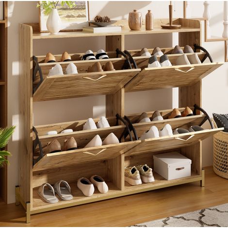 Zapatero 108.5x24x100 cm color madera en MDF con 4 puertas de listones y balda superior (1/5)
