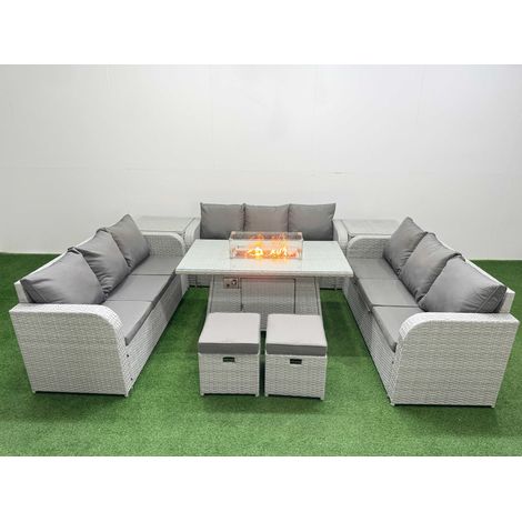 Fimous PE Rattan Lounge Sofa Set 11 Seater Outdoor Garden Furniture Set with Firepit Dining Table 3 Seater Sofa 2 Stools 2 Side Table Light Grey (1/4)