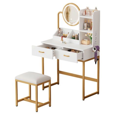 Toeletta con specchio a LED e sgabello, prese elettriche, 2 cassetti + 2 ripiani aperti 80 × 138,5 × 40 cm, CJHXE