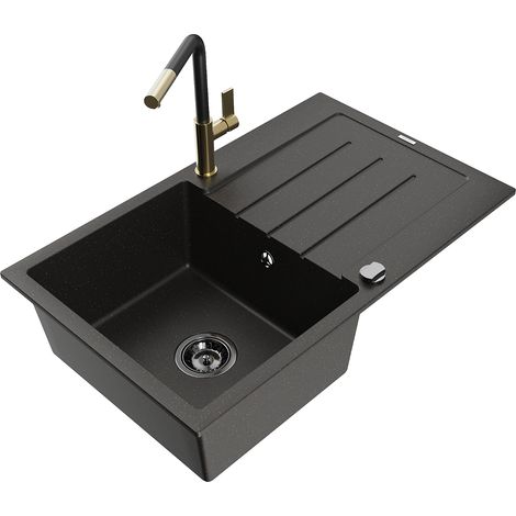 Mexen Bruno lavello in granito a 1 vasca con scolapiatti e miscelatore cucina Flora, nero/oro metallico - 6513-75-670401-57-B (1/5)