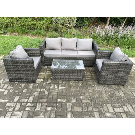 Fimous 5 Seater Outdoor Lounge Sofa Set Wicker PE Rattan Garden Furniture Set with 2 Armchair Oblong Coffee Table Dark Grey Mixed (1/5)