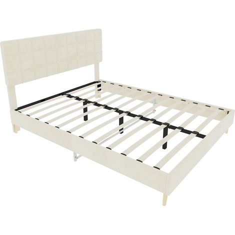 Lit double beige en tissu avec tête de lit capitonnée à carreaux 160 x 200 cm (1/5)
