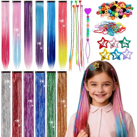Girl's Hair Styling Kit: 6 Straight Hair Extensions Clip, 6 Tinsel Hair Colours, 6 Coloured Hair Braids for Children, Elastics and Accessories Included