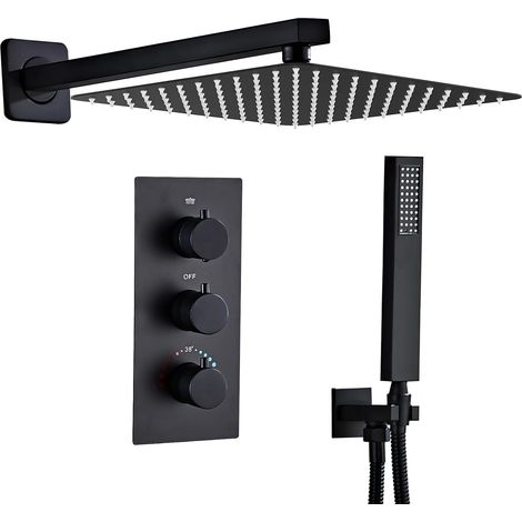 Ducha empotrada con grifo termostático, negro mate  Ducha tipo lluvia cuadrada de 40 x 40 cm, boquillas de silicona fáciles de limpiar diseño oculto sin daños en la pared durante la instalación (1/5)