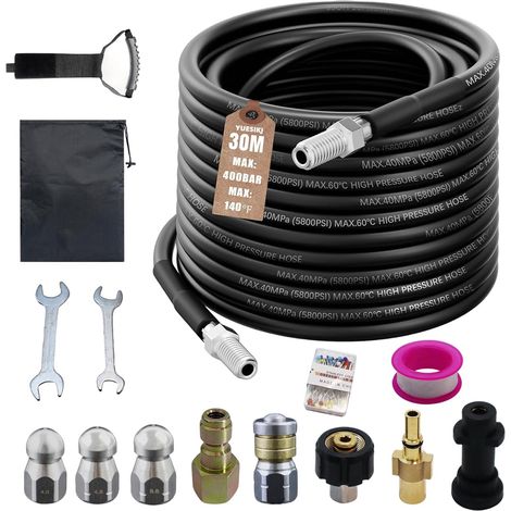 30M Tuyau Déboucheur Canalisation Kit, compatible avec Kärcher k2-k7, Bosch, 400 Bar/5800PSI, Déboucheur Canalisation Haute Pression, Tuyau de Nettoyage Pression, avec Buses et Adaptateurs (1/5)
