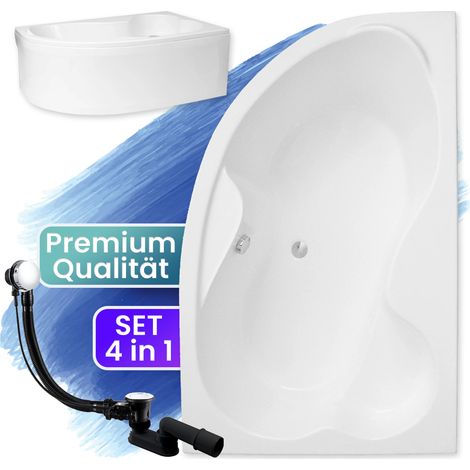 Badewanne Eckbadewanne 160x105 Rechts mit AcrylSchürze, Ablaufgarnitur & Füßen GRATIS - Komplettset 4in1 Original Acryl Wanne Siphon - BADLAND MEGA (1/5)