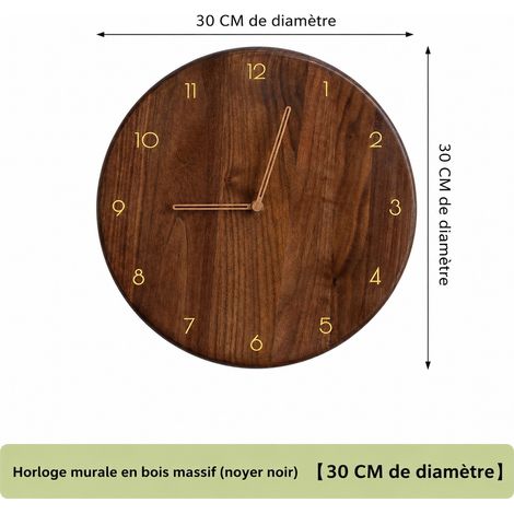 Horloge murale ronde en bois massif de noyer noir diamètre 30 cm 30cm 30 × 30 × 2 cm 1,2 kg – Livraison gratuite