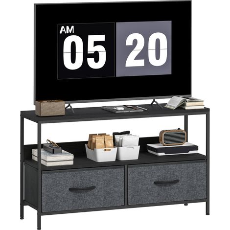 Meuble TV Mobile 47 pouces avec tiroirs en tissu et étagère en métal MDF, noir, dimensions 98x29x56 cm idéal pour votre salon. (1/5)
