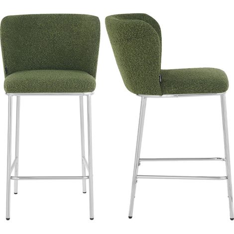Lot de 2 tabourets de bar en tissu bouclé vert, piètement chromé - Toma