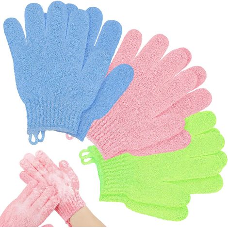 3 Paires Gant de douche, Exfoliant corps, Polyester, 5 doigts, Bain maison voyage sport (1/5)