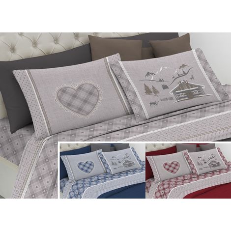 Completo Lenzuola Letto Pensieri Delicati 100% Cotone Dis.Chalet, misuraPiazza E MezzacoloreBeige (1/5)