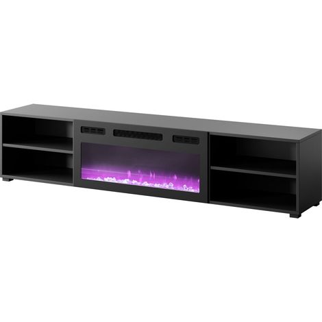 Mueble de TV Rollo 180 cm de pie/colgante tablero laminado negro mate con chimenea eléctrica negra