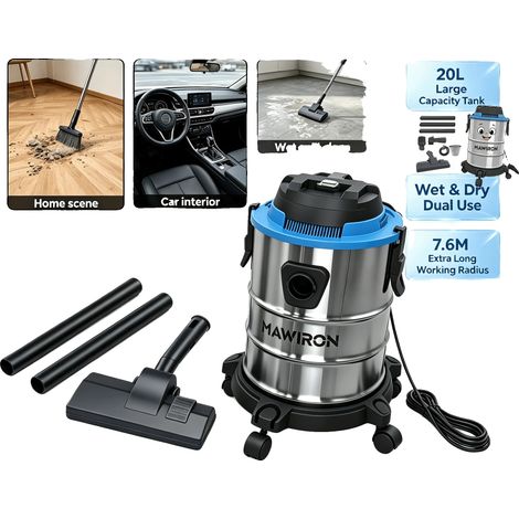 Aspiradora para sólidos y líquidos, 5400 W de potencia, 230 V de voltaje, construcción de acero inoxidable, cable de 5 m de longitud, uso versátil. (1/5)