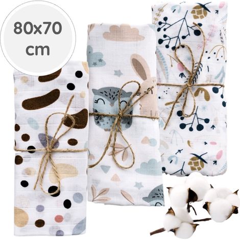 BabyU, Couches en mousseline hypoallergéniques, grandes et douces, lot de 3, 80 x 70 cm