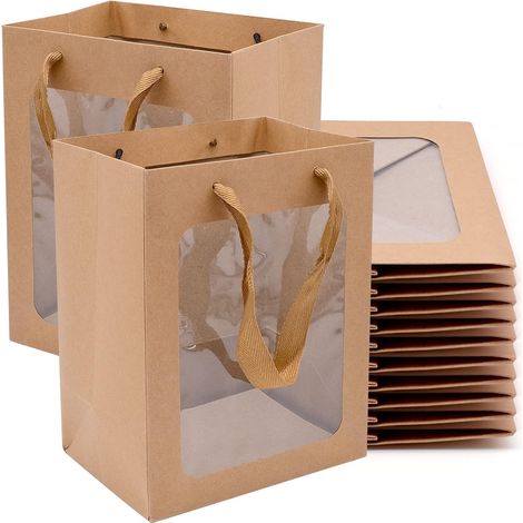 10 bolsas de papel kraft marrón con ventana para regalos, ideales para cumpleaños, bodas, banquetes, dulces y galletas. (1/5)