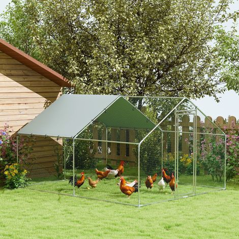 Poulailler en acier, avec toile imperméable résistante aux UV, verrou de sécurité, pour 10 à 15 poules, 3 x 3,4 x 1,9 m, argent.