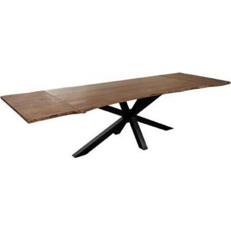 Baumkantentisch Akazie nougatfarben 120(200)x90 cm Ansteckplatten Spider-Gestell schwarz JANNIK (1/5)